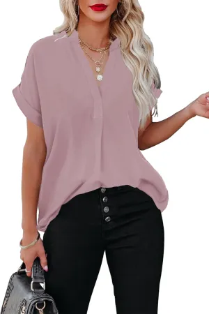 ANCAPELION Womens Summer Chiffon Blouse Casual Short Sleeve V Neck Shirt Loose Printed Cuffed Sleeve Tunic Tops for Women