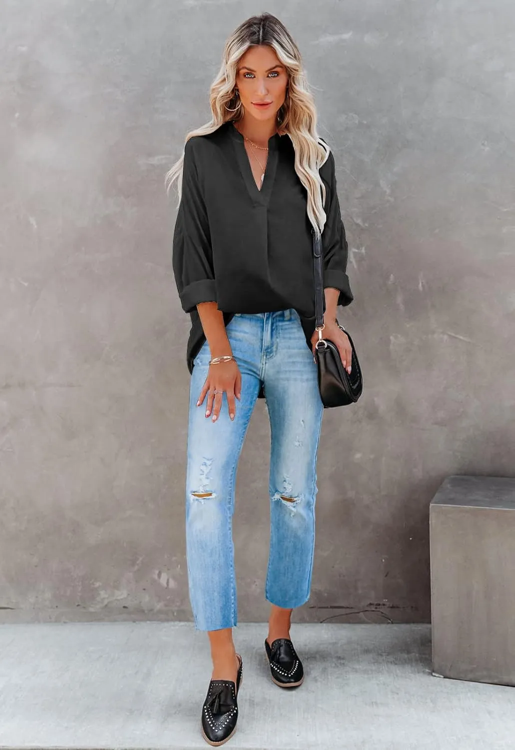 ANCAPELION Womens Summer Chiffon Blouse Casual Short Sleeve V Neck Shirt Loose Printed Cuffed Sleeve Tunic Tops for Women
