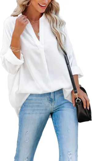 ANCAPELION Womens Summer Chiffon Blouse Casual Short Sleeve V Neck Shirt Loose Printed Cuffed Sleeve Tunic Tops for Women