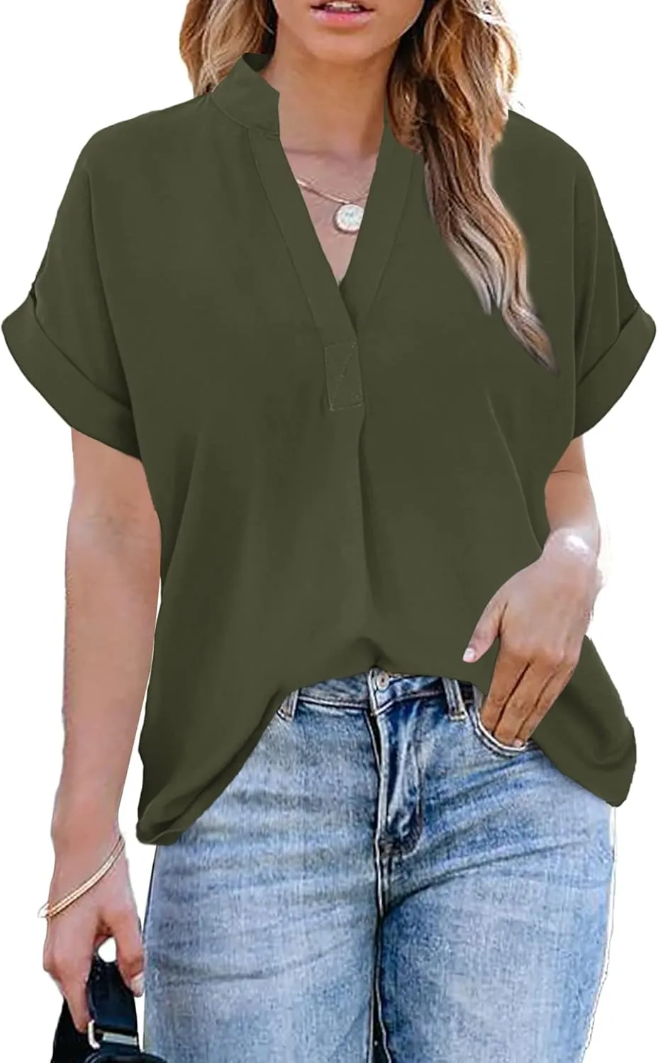 ANCAPELION Womens Summer Chiffon Blouse Casual Short Sleeve V Neck Shirt Loose Printed Cuffed Sleeve Tunic Tops for Women