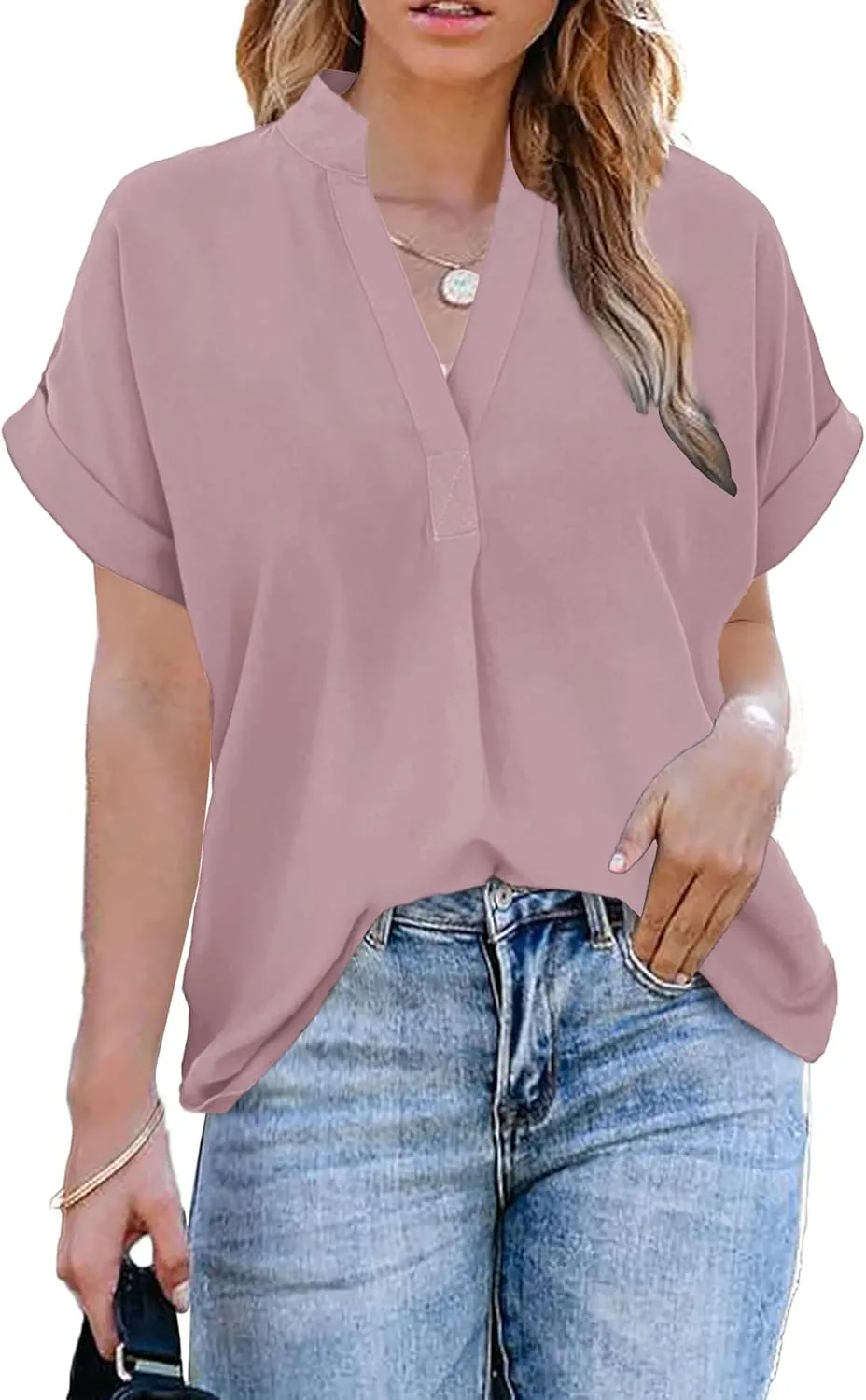 ANCAPELION Womens Summer Chiffon Blouse Casual Short Sleeve V Neck Shirt Loose Printed Cuffed Sleeve Tunic Tops for Women