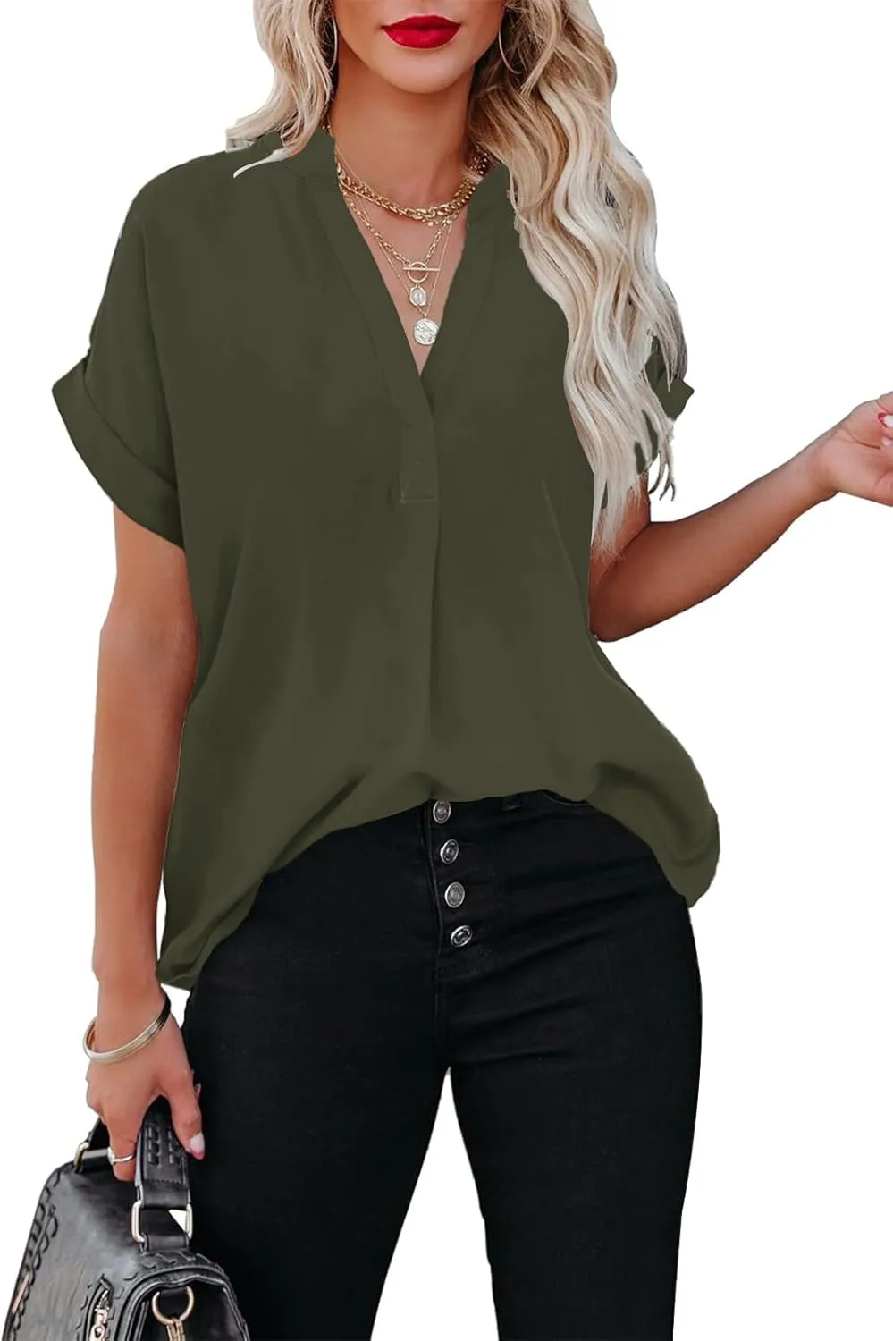 ANCAPELION Womens Summer Chiffon Blouse Casual Short Sleeve V Neck Shirt Loose Printed Cuffed Sleeve Tunic Tops for Women