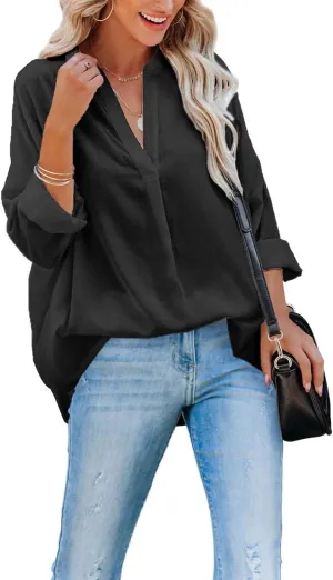 ANCAPELION Womens Summer Chiffon Blouse Casual Short Sleeve V Neck Shirt Loose Printed Cuffed Sleeve Tunic Tops for Women