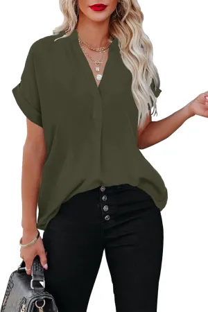 ANCAPELION Womens Summer Chiffon Blouse Casual Short Sleeve V Neck Shirt Loose Printed Cuffed Sleeve Tunic Tops for Women