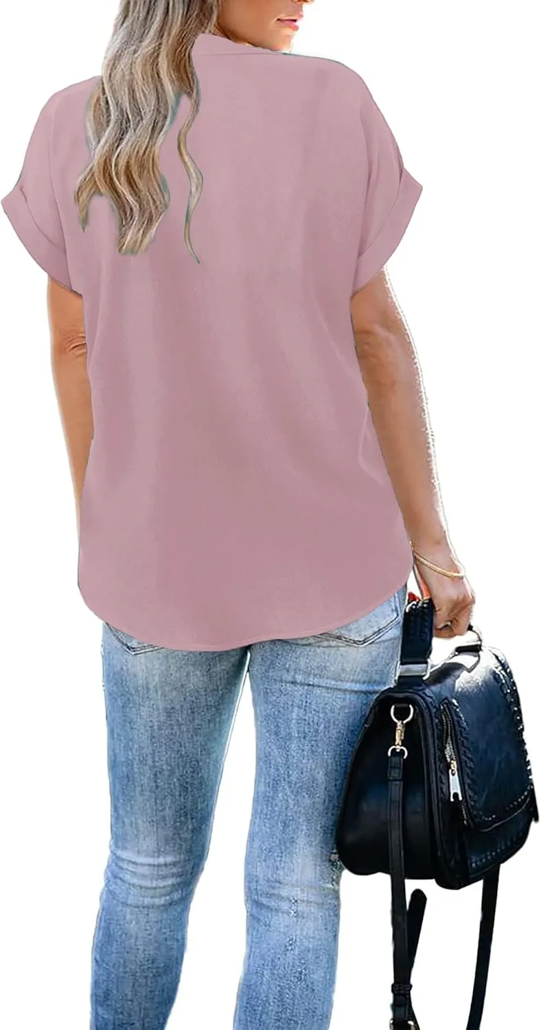 ANCAPELION Womens Summer Chiffon Blouse Casual Short Sleeve V Neck Shirt Loose Printed Cuffed Sleeve Tunic Tops for Women