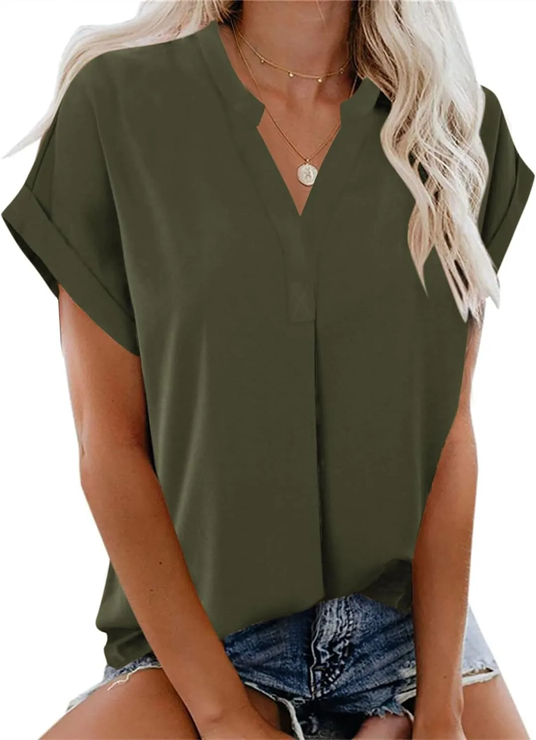 ANCAPELION Womens Summer Chiffon Blouse Casual Short Sleeve V Neck Shirt Loose Printed Cuffed Sleeve Tunic Tops for Women