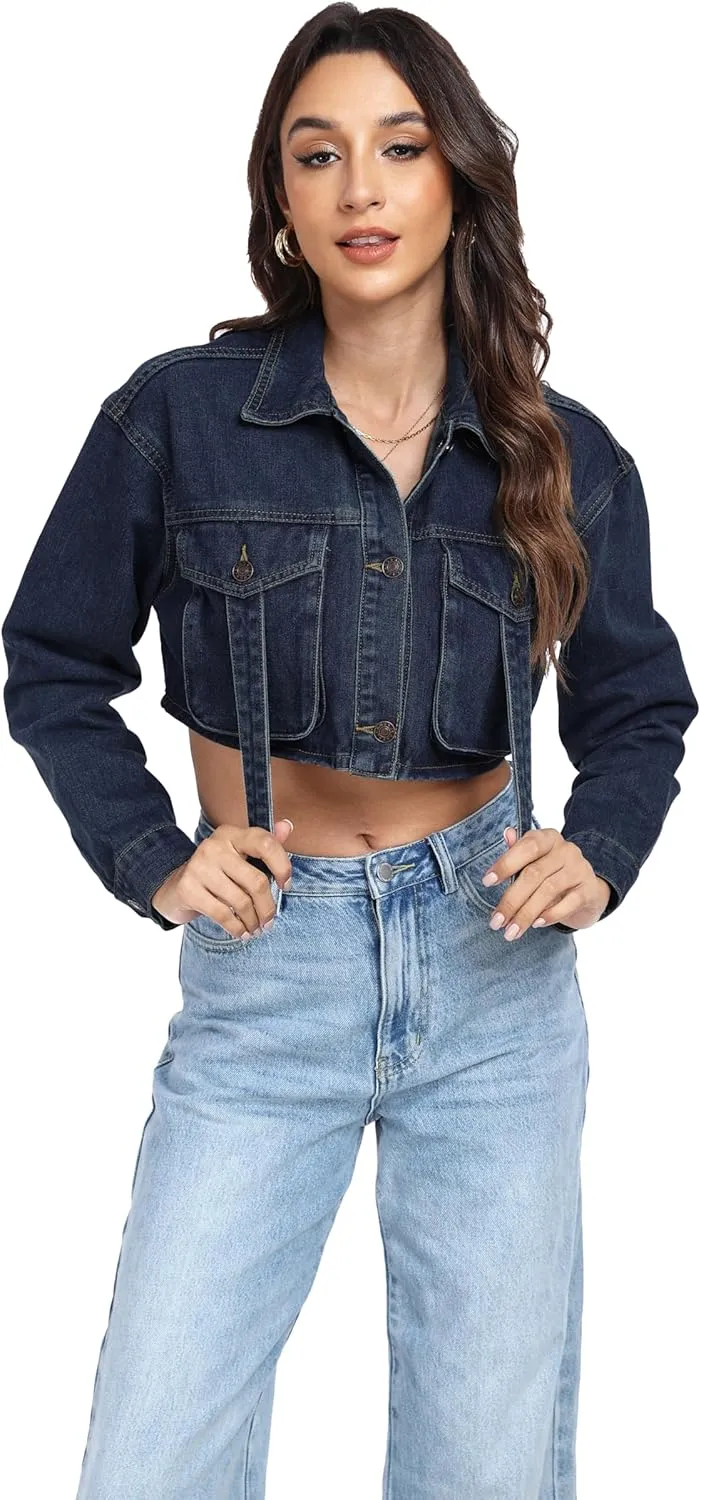 andy & natalie Womens Jean Jacket Cropped Fashion Button Down Denim Jackets Short Shacket Outfit