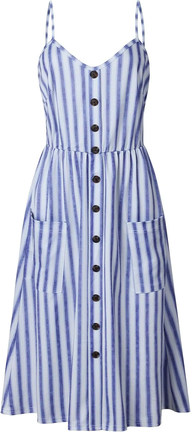 Angashion Women's Dresses-Summer Floral Bohemian Spaghetti Strap Button Down Swing Midi Dress