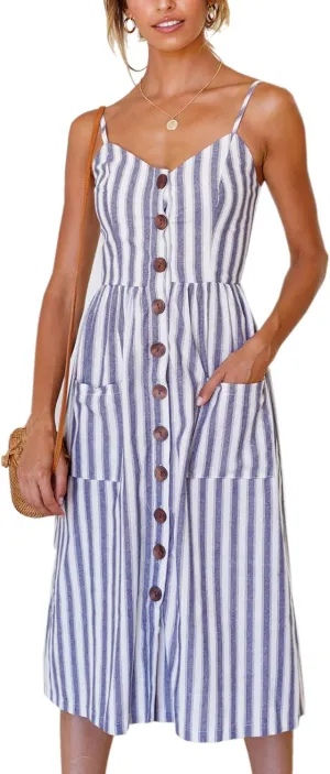 Angashion Women's Dresses-Summer Floral Bohemian Spaghetti Strap Button Down Swing Midi Dress