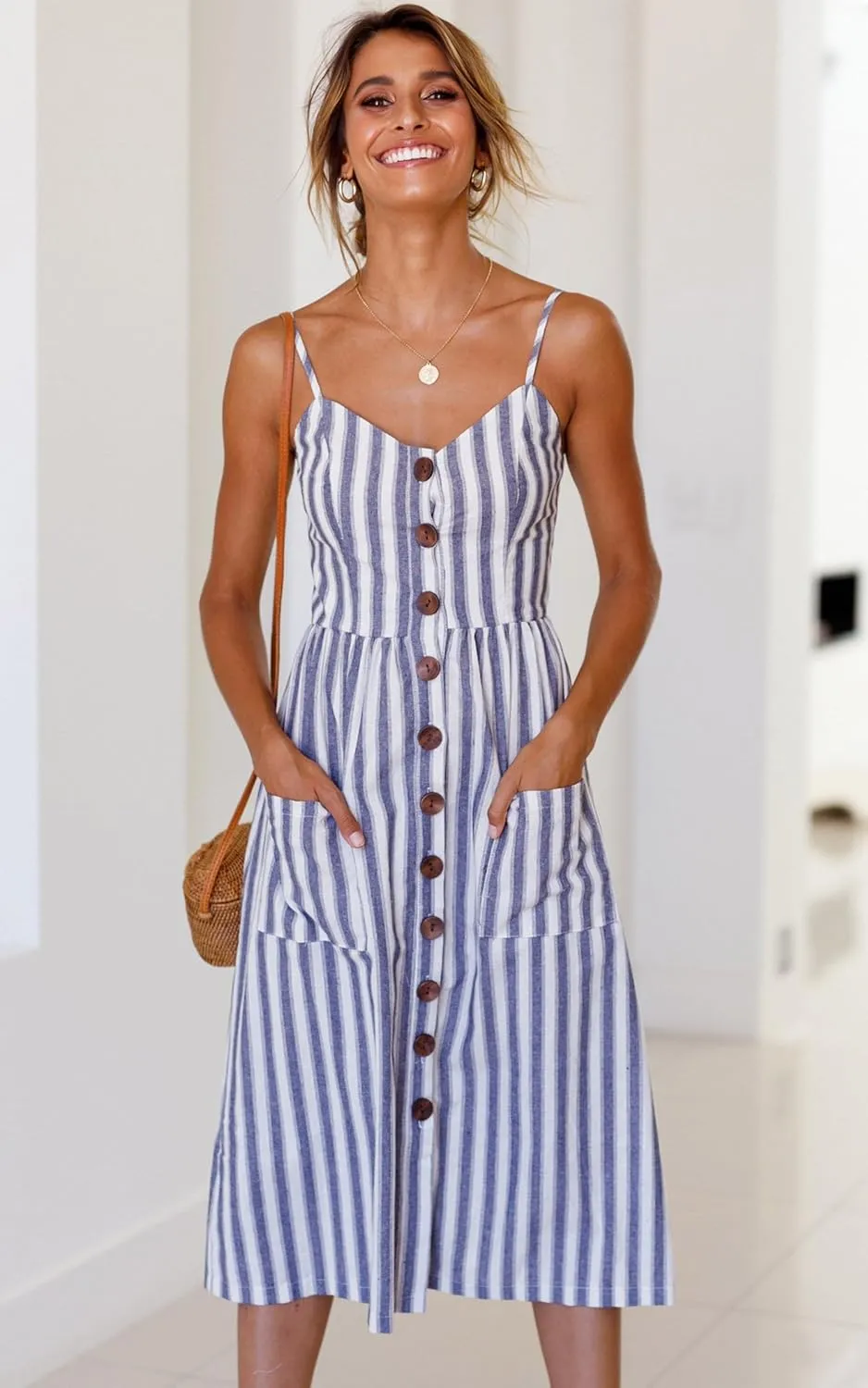 Angashion Women's Dresses-Summer Floral Bohemian Spaghetti Strap Button Down Swing Midi Dress