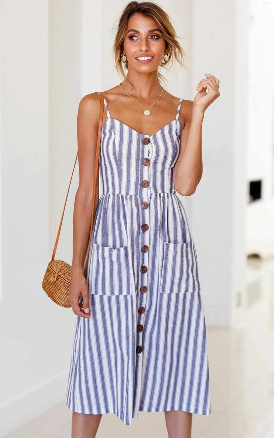 Angashion Women's Dresses-Summer Floral Bohemian Spaghetti Strap Button Down Swing Midi Dress