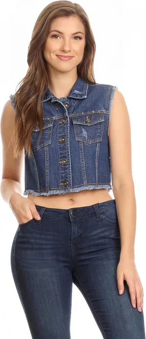 Anna-Kaci Women's Cropped Denim Vest Sleeveless Cotton Rivet Fitted Jean Vest Jacket