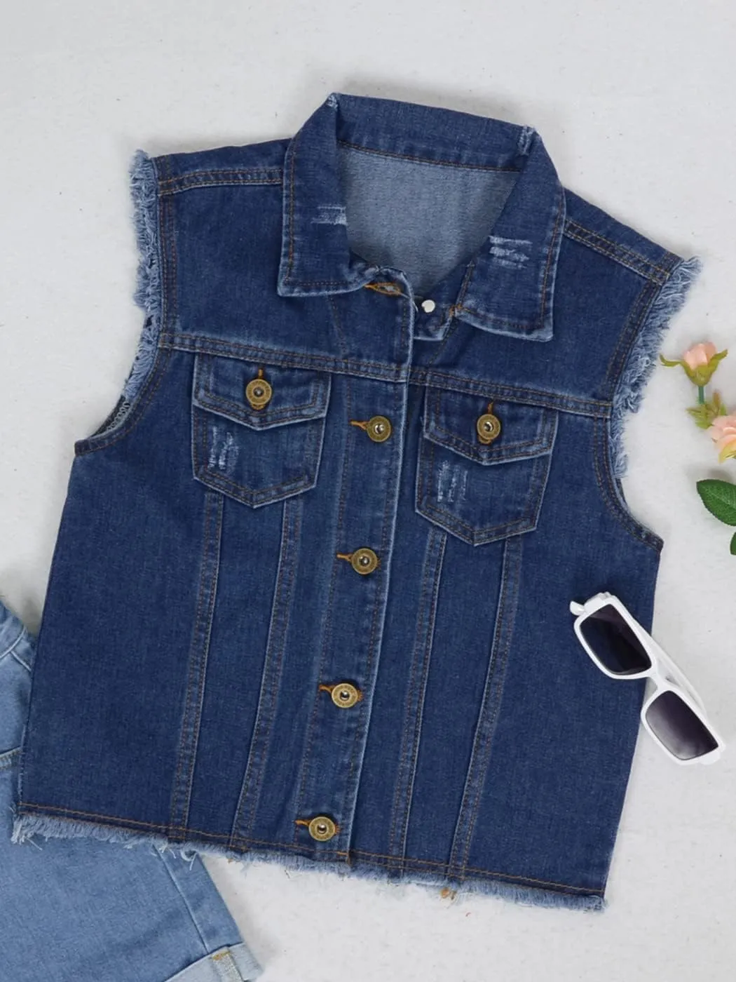 Anna-Kaci Women's Cropped Denim Vest Sleeveless Cotton Rivet Fitted Jean Vest Jacket