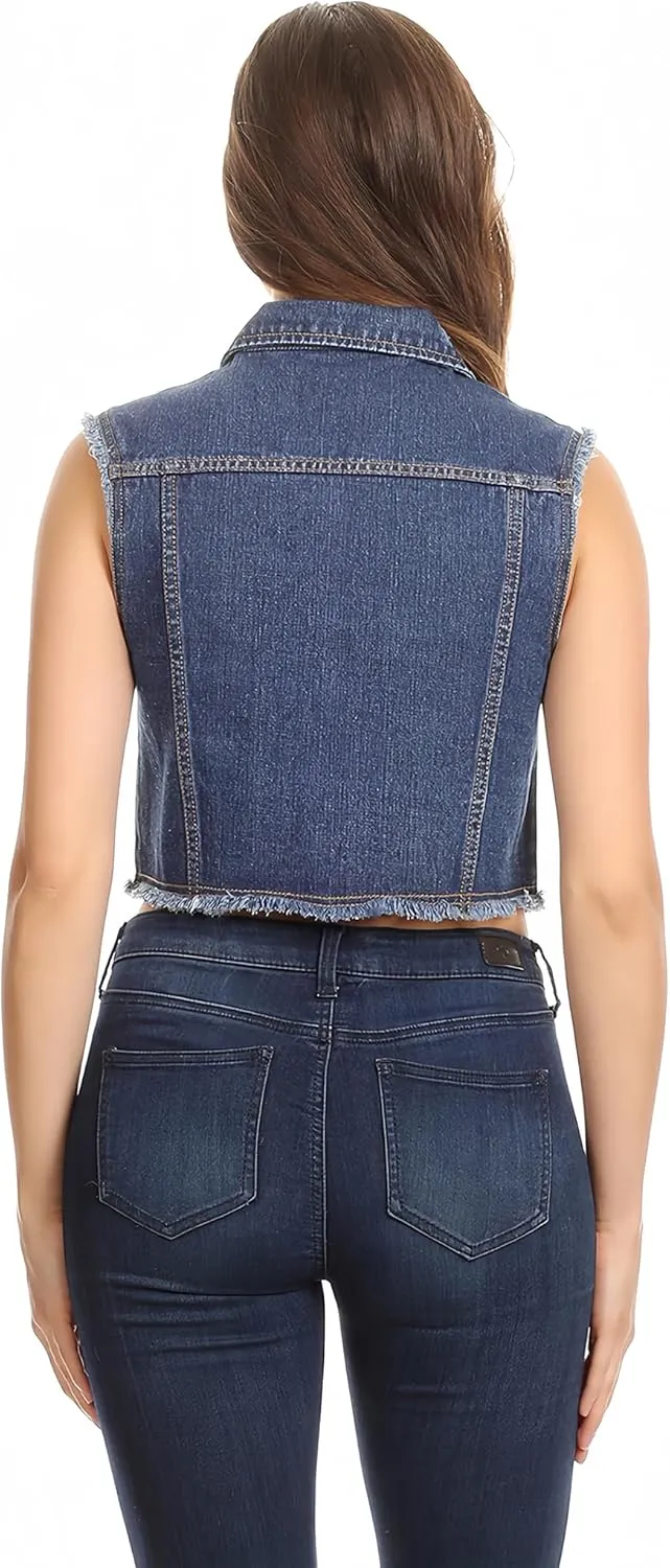 Anna-Kaci Women's Cropped Denim Vest Sleeveless Cotton Rivet Fitted Jean Vest Jacket