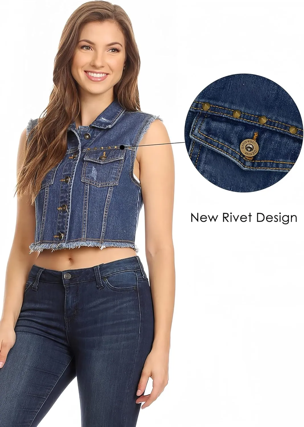 Anna-Kaci Women's Cropped Denim Vest Sleeveless Cotton Rivet Fitted Jean Vest Jacket
