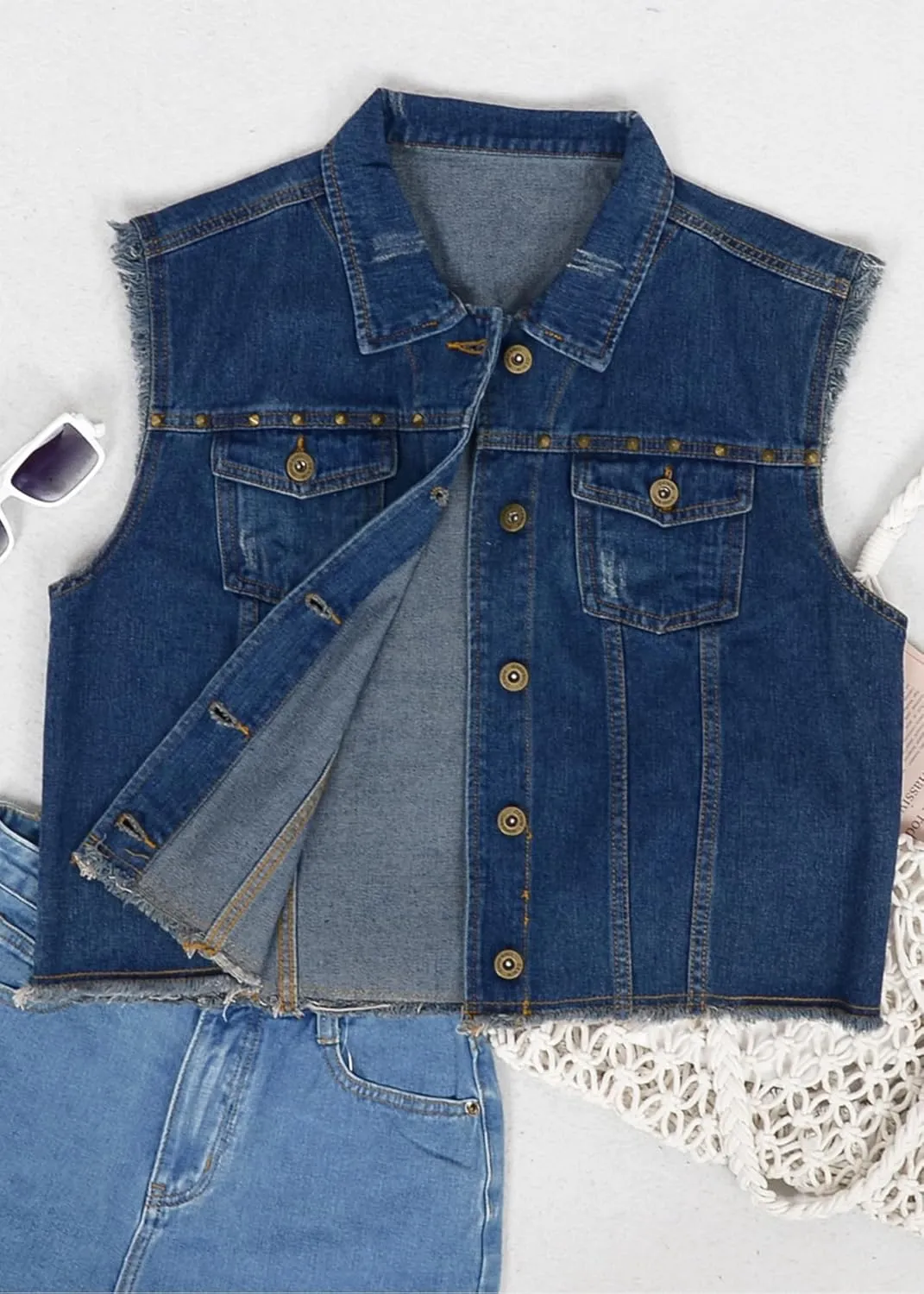 Anna-Kaci Women's Cropped Denim Vest Sleeveless Cotton Rivet Fitted Jean Vest Jacket
