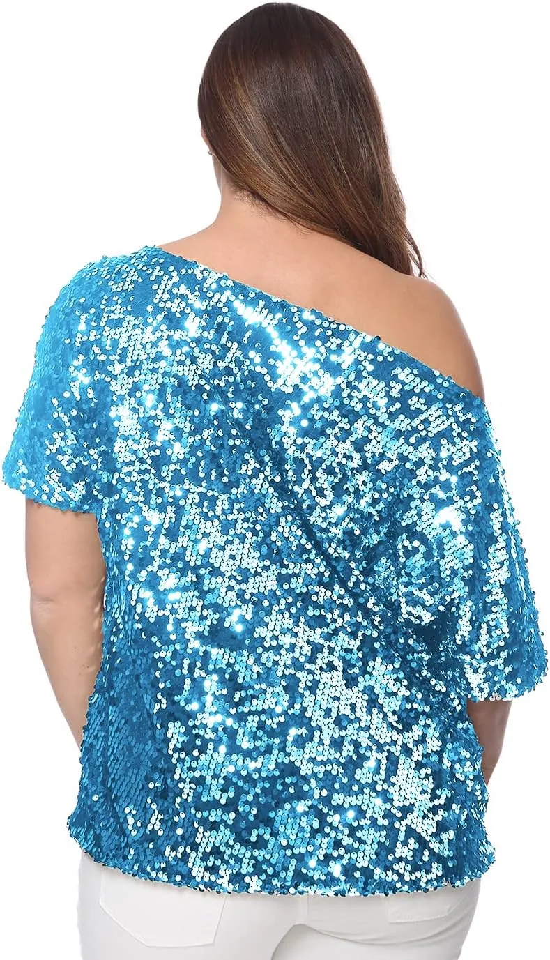 Anna-Kaci Women's Plus Size Sequin Sexy One Shoulder Short Sleeve Party Club Top