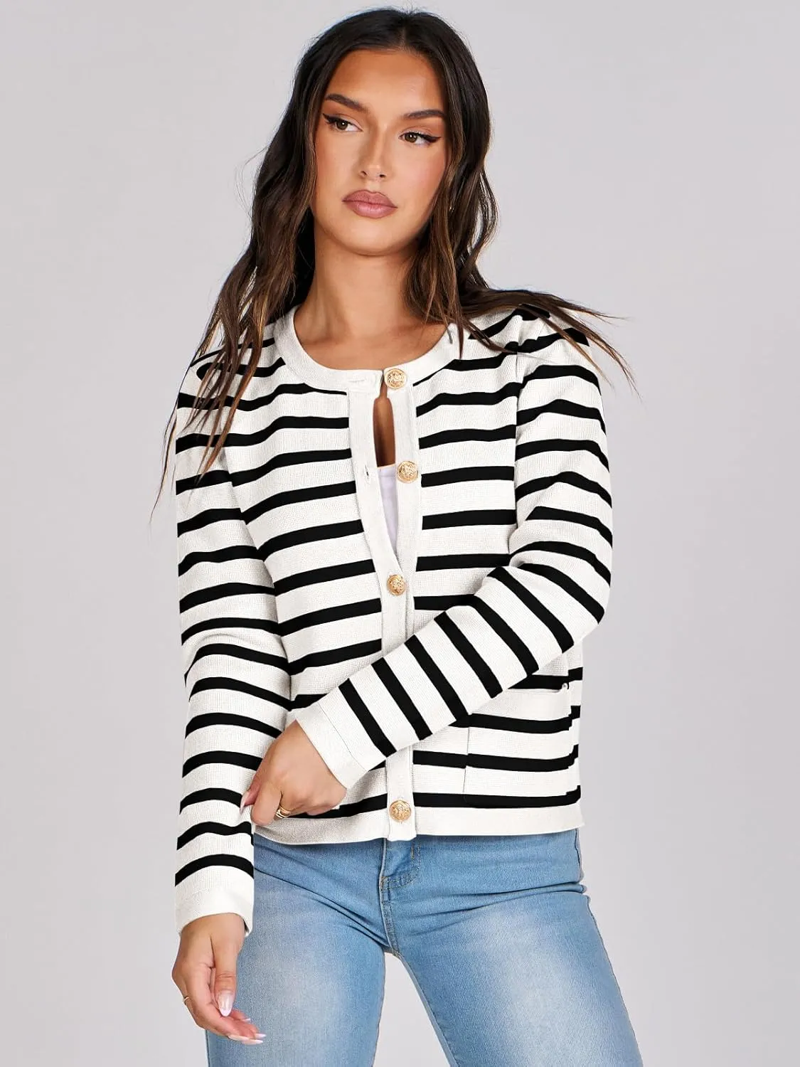 ANRABESS Women Striped Cardigan Sweaters Button Down Cropped Knit Lady Jackets Coat 2025 Fall Outfits Spring Trendy Clothes