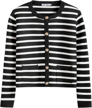 ANRABESS Women Striped Cardigan Sweaters Button Down Cropped Knit Lady Jackets Coat 2025 Fall Outfits Spring Trendy Clothes