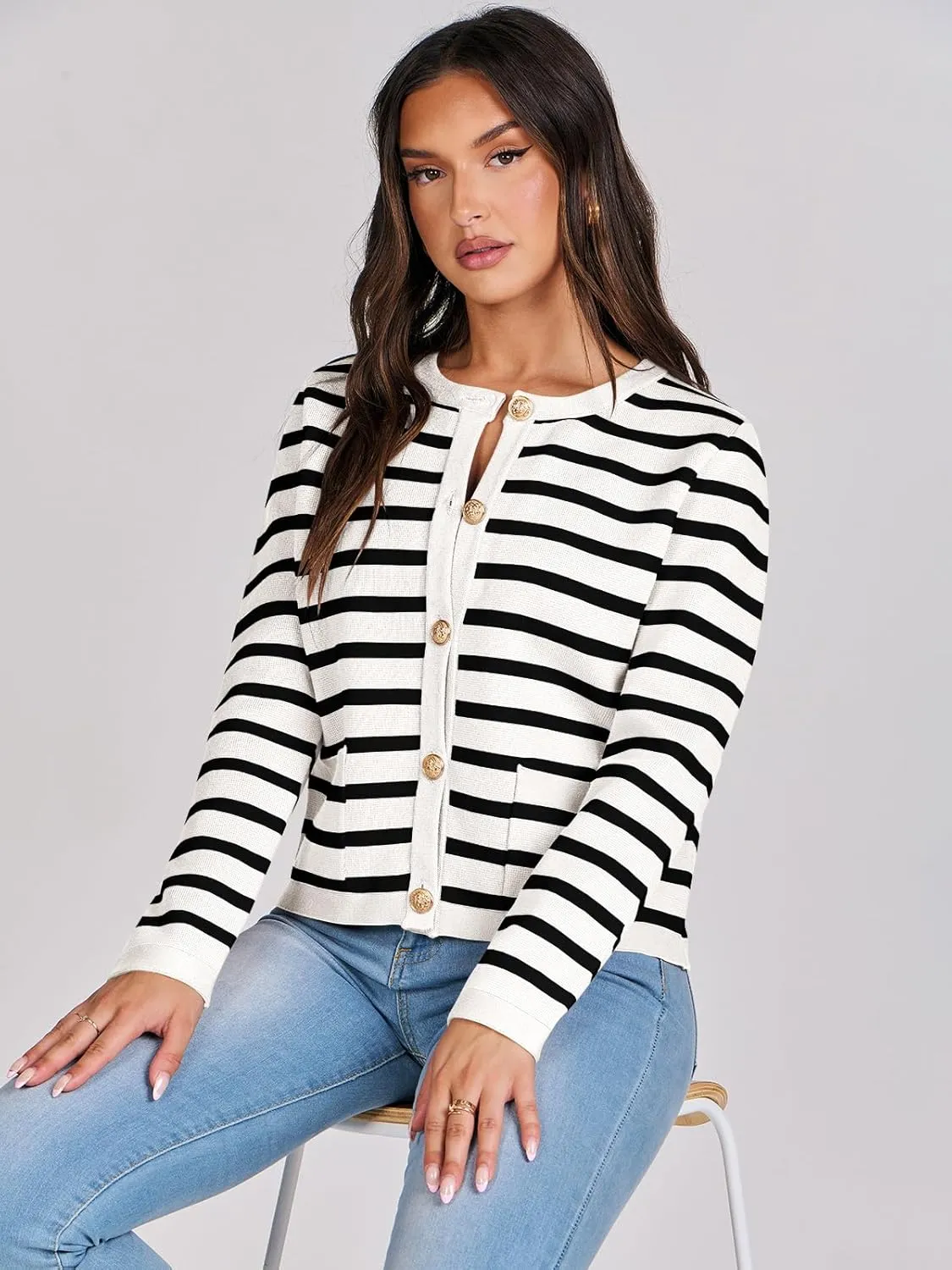 ANRABESS Women Striped Cardigan Sweaters Button Down Cropped Knit Lady Jackets Coat 2025 Fall Outfits Spring Trendy Clothes