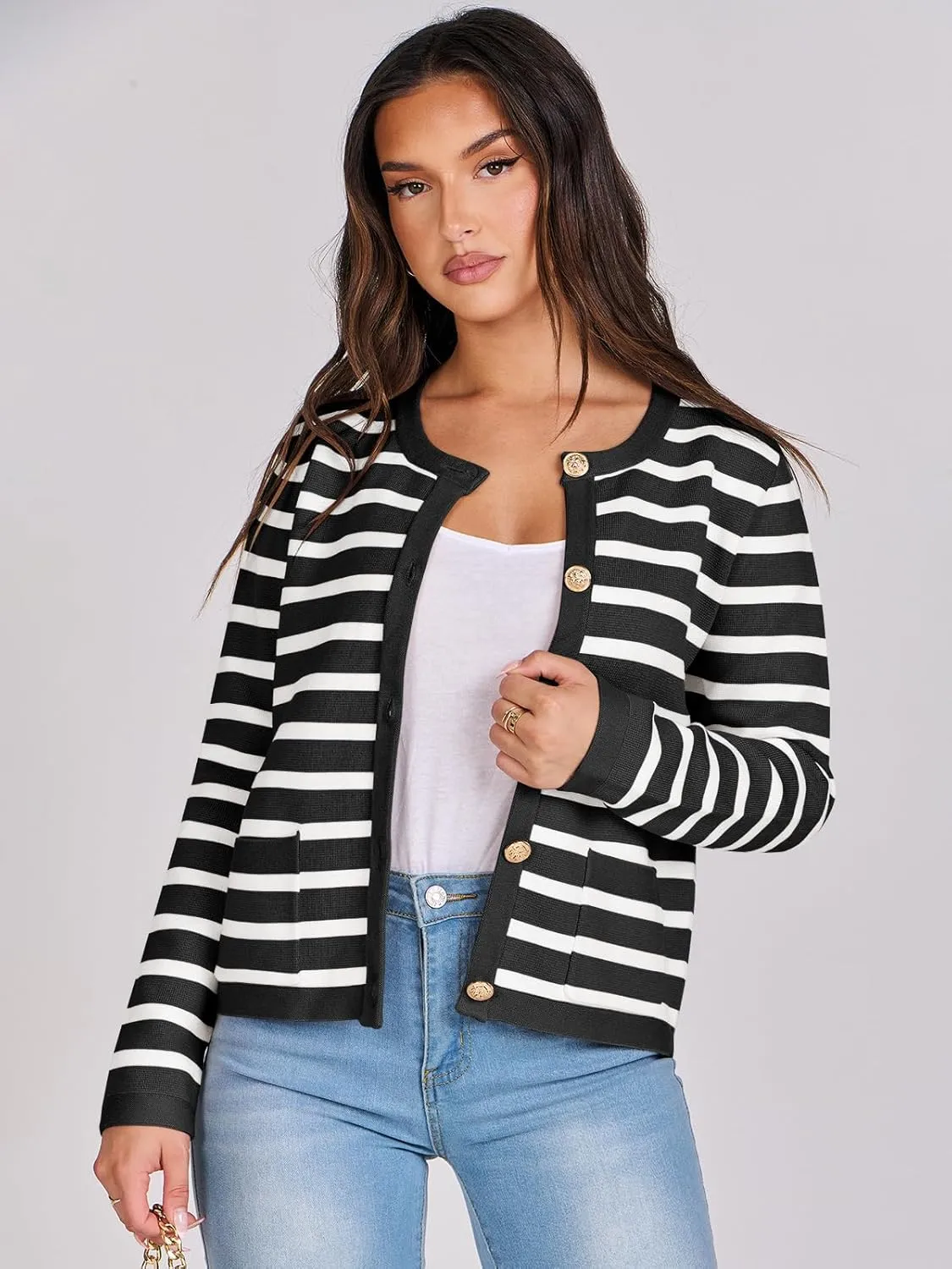 ANRABESS Women Striped Cardigan Sweaters Button Down Cropped Knit Lady Jackets Coat 2025 Fall Outfits Spring Trendy Clothes