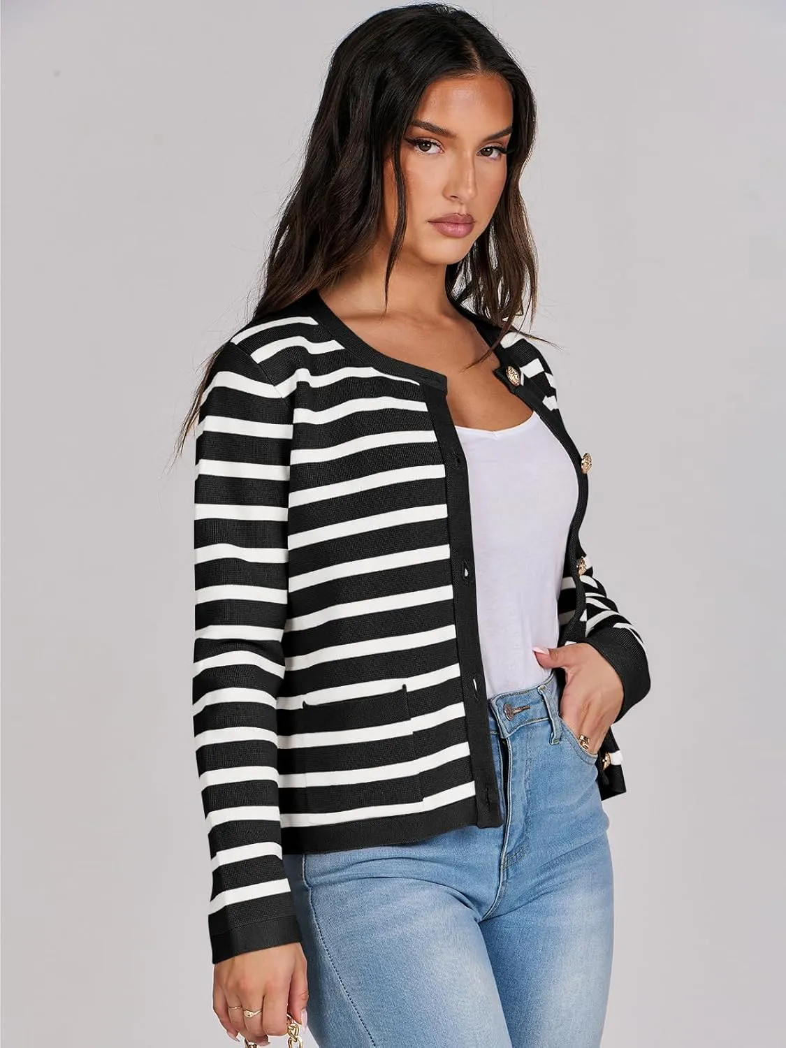 ANRABESS Women Striped Cardigan Sweaters Button Down Cropped Knit Lady Jackets Coat 2025 Fall Outfits Spring Trendy Clothes
