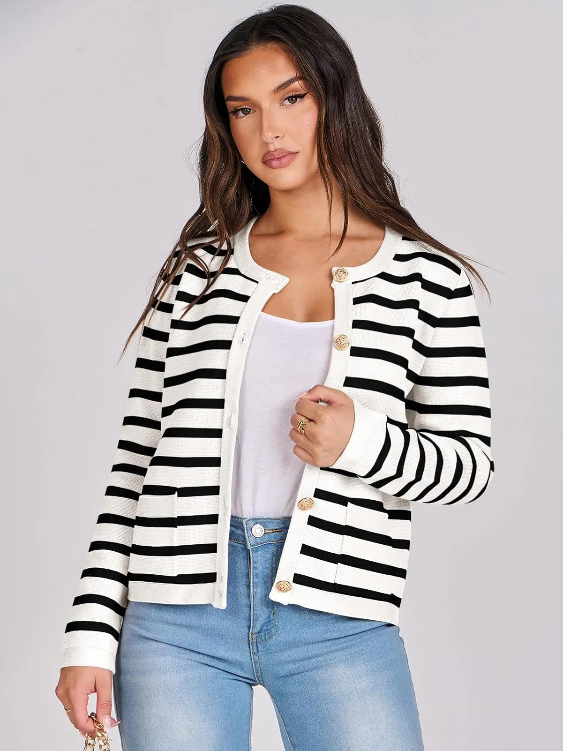 ANRABESS Women Striped Cardigan Sweaters Button Down Cropped Knit Lady Jackets Coat 2025 Fall Outfits Spring Trendy Clothes