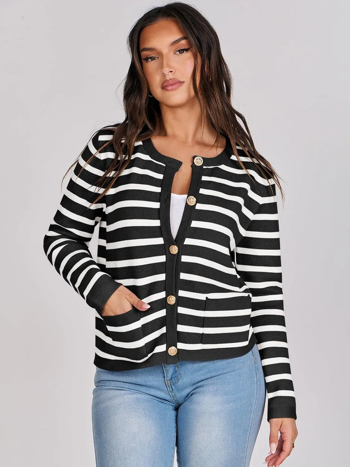 ANRABESS Women Striped Cardigan Sweaters Button Down Cropped Knit Lady Jackets Coat 2025 Fall Outfits Spring Trendy Clothes