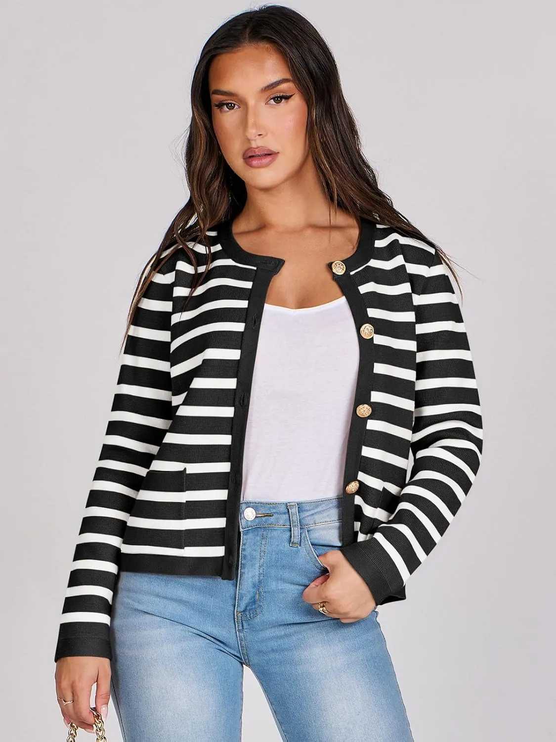 ANRABESS Women Striped Cardigan Sweaters Button Down Cropped Knit Lady Jackets Coat 2025 Fall Outfits Spring Trendy Clothes