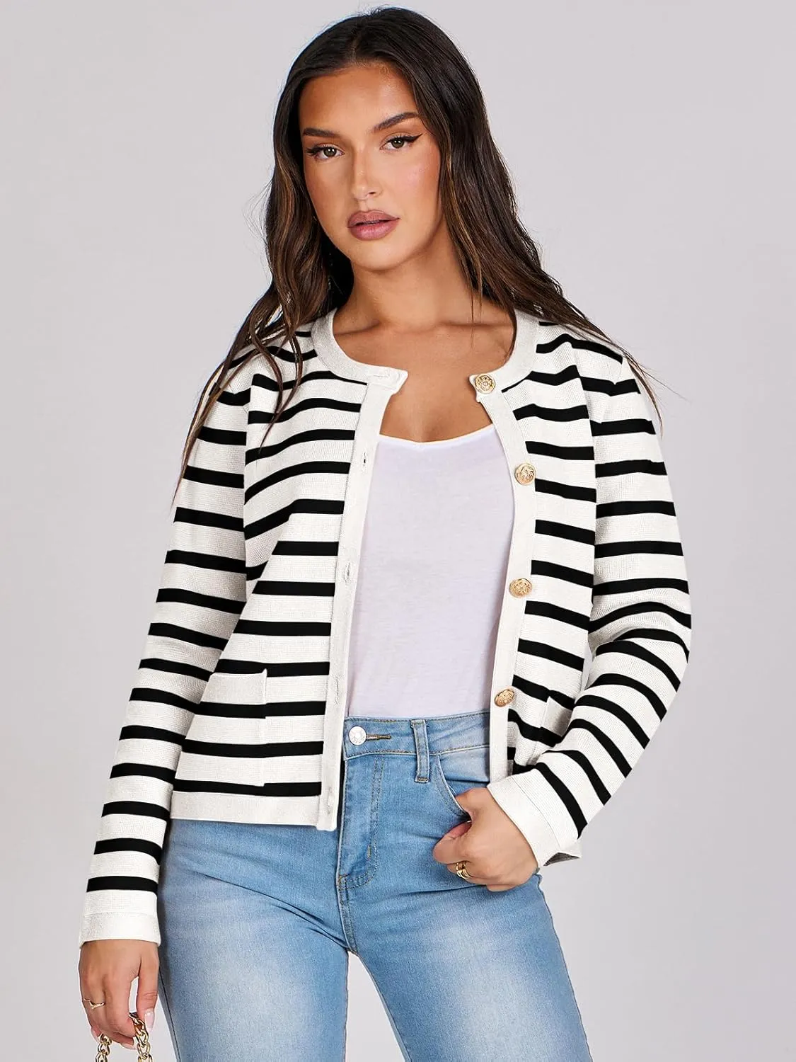 ANRABESS Women Striped Cardigan Sweaters Button Down Cropped Knit Lady Jackets Coat 2025 Fall Outfits Spring Trendy Clothes