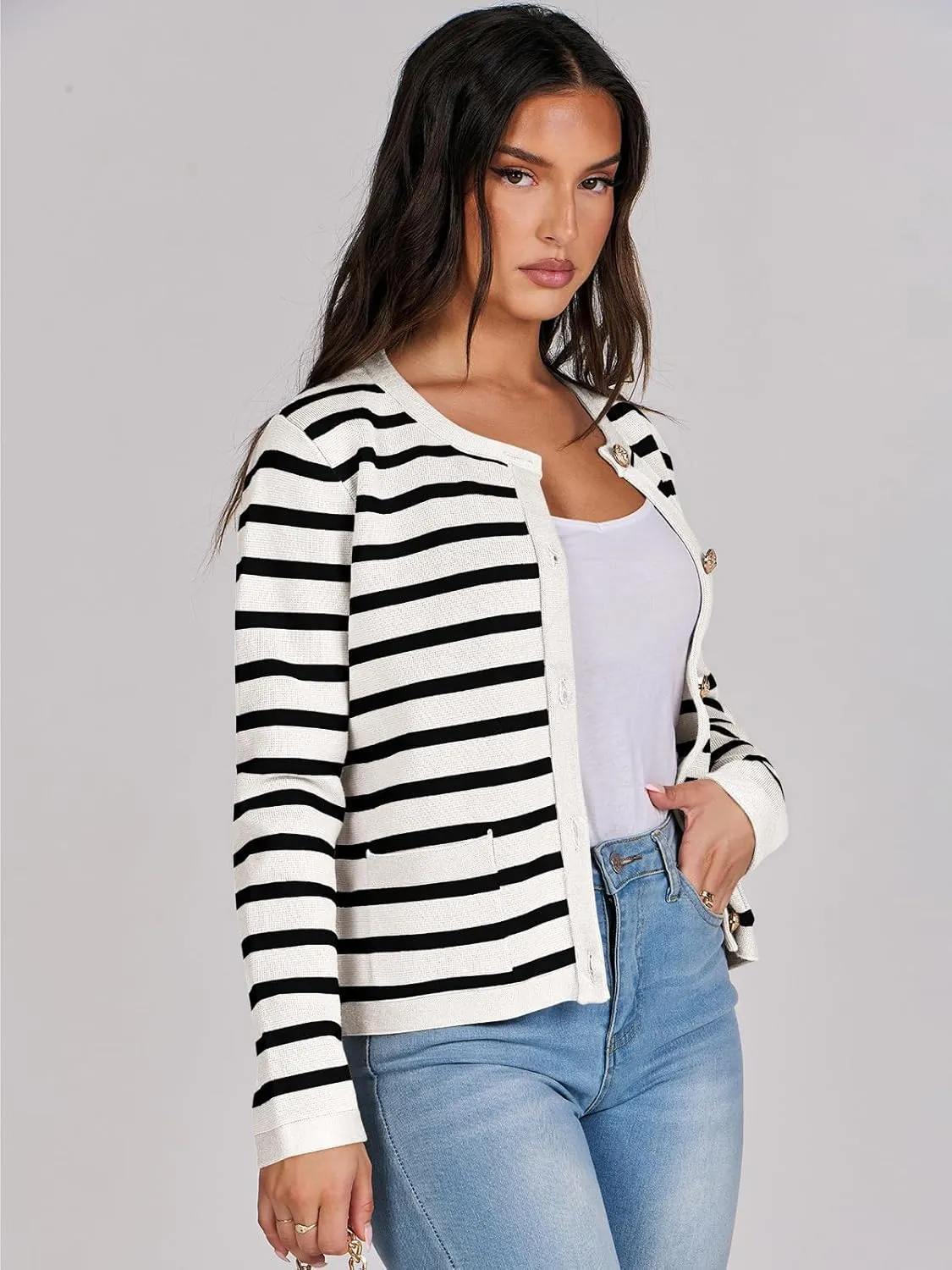ANRABESS Women Striped Cardigan Sweaters Button Down Cropped Knit Lady Jackets Coat 2025 Fall Outfits Spring Trendy Clothes