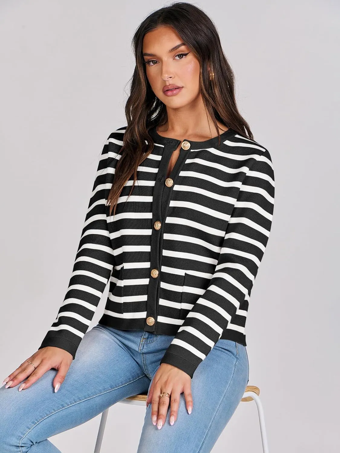 ANRABESS Women Striped Cardigan Sweaters Button Down Cropped Knit Lady Jackets Coat 2025 Fall Outfits Spring Trendy Clothes