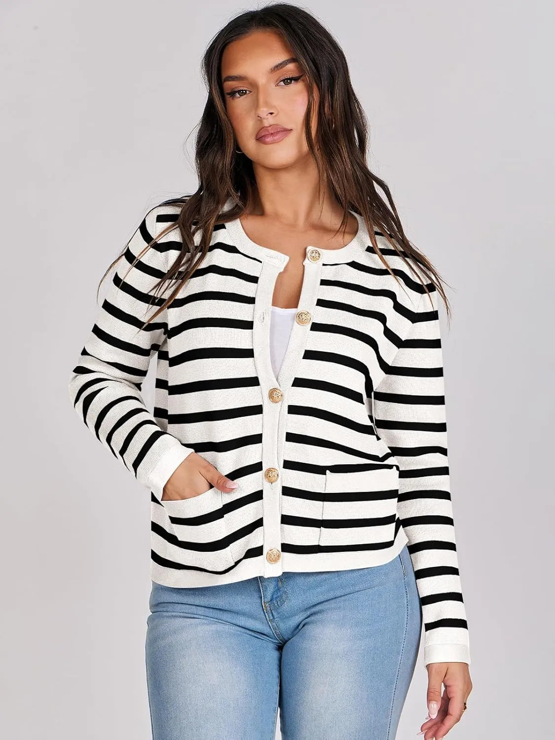 ANRABESS Women Striped Cardigan Sweaters Button Down Cropped Knit Lady Jackets Coat 2025 Fall Outfits Spring Trendy Clothes