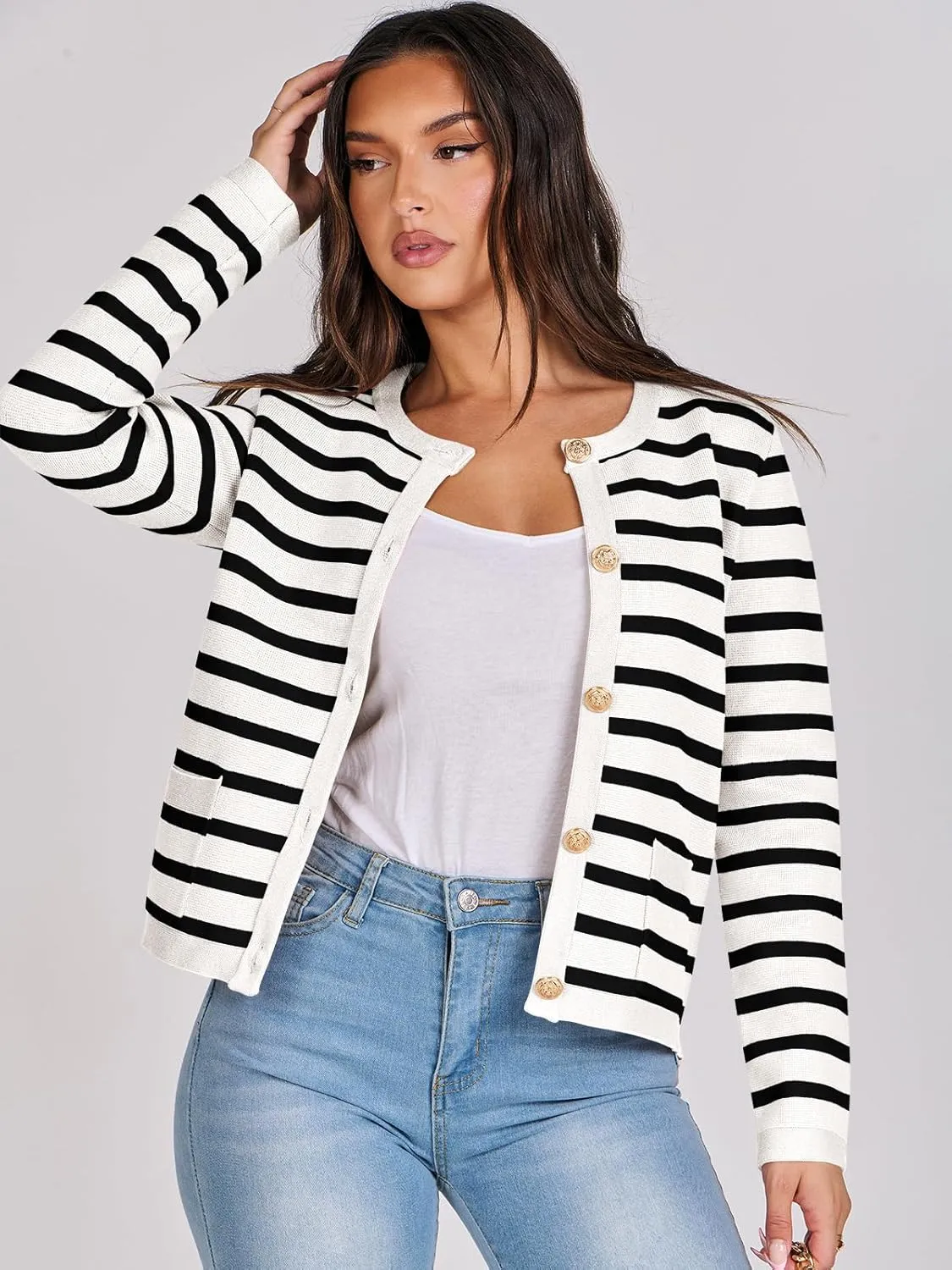 ANRABESS Women Striped Cardigan Sweaters Button Down Cropped Knit Lady Jackets Coat 2025 Fall Outfits Spring Trendy Clothes