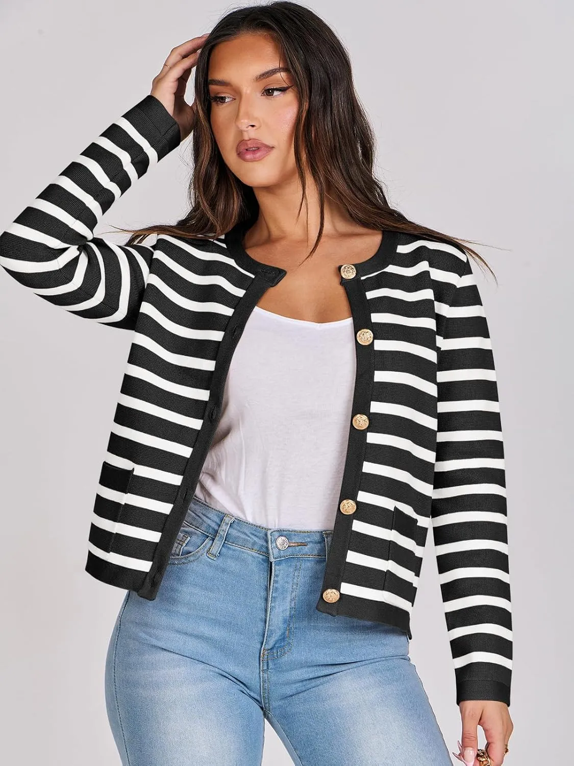 ANRABESS Women Striped Cardigan Sweaters Button Down Cropped Knit Lady Jackets Coat 2025 Fall Outfits Spring Trendy Clothes