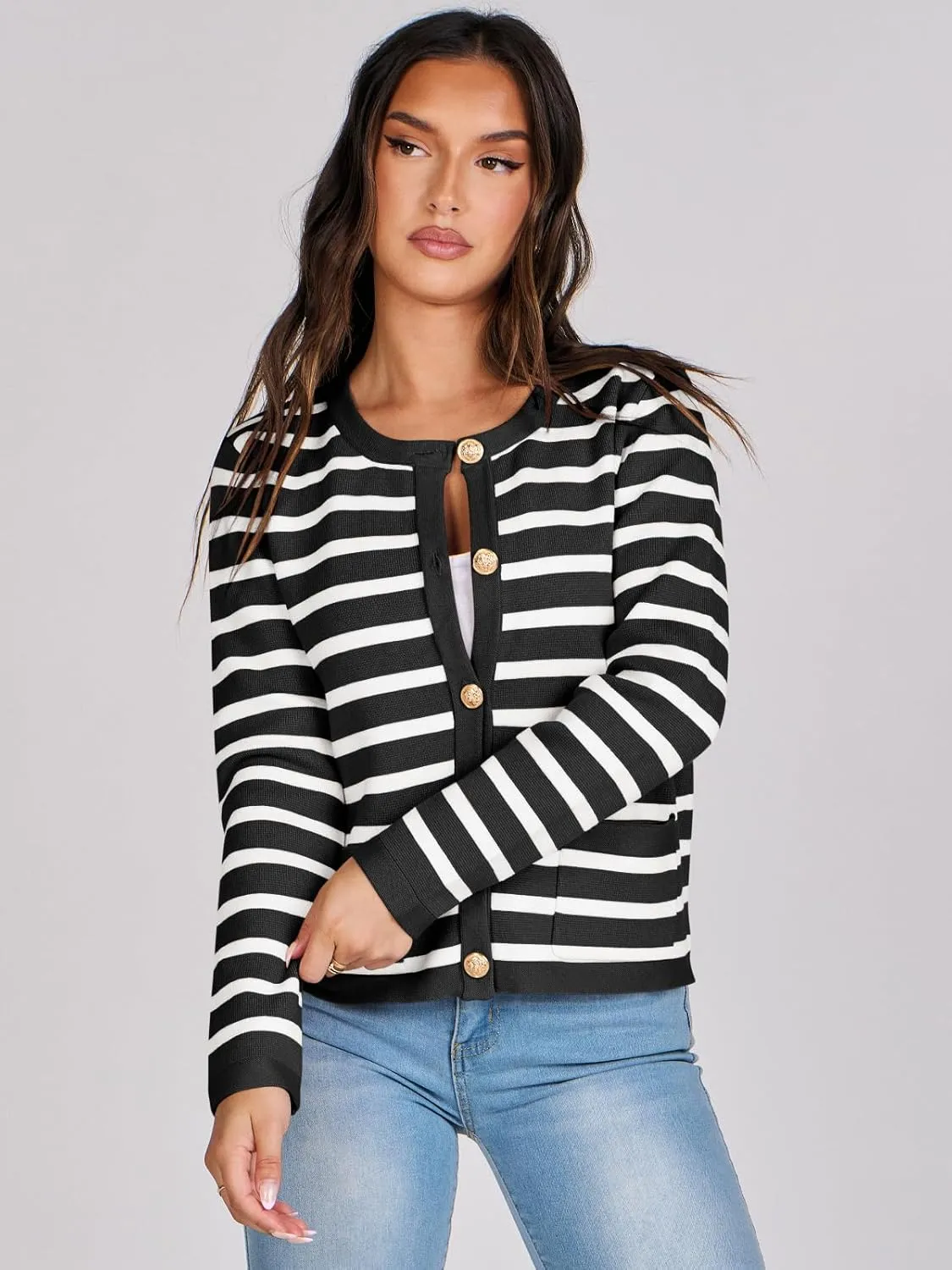ANRABESS Women Striped Cardigan Sweaters Button Down Cropped Knit Lady Jackets Coat 2025 Fall Outfits Spring Trendy Clothes