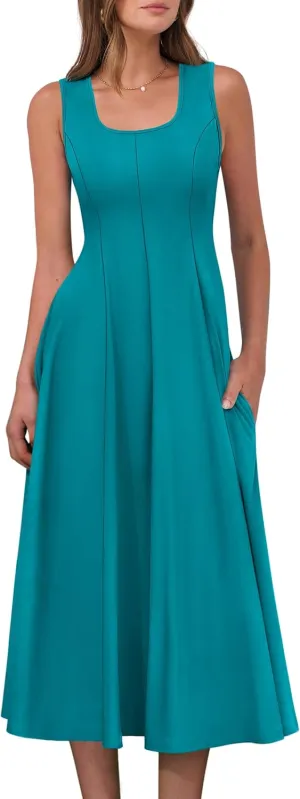 ANRABESS Womens Summer Casual Sleeveless Midi Dresses Scoop Neck Fit & Flare A-Line Flowy Long Sundress Beach Outfits