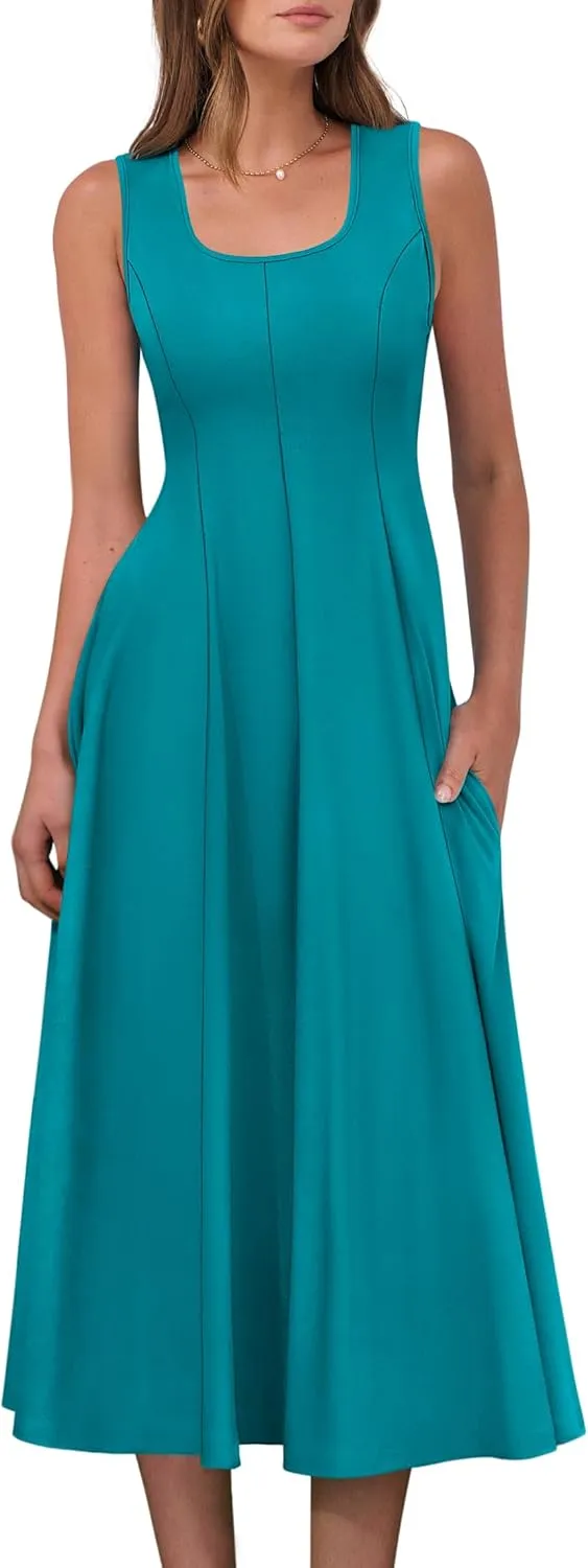 ANRABESS Womens Summer Casual Sleeveless Midi Dresses Scoop Neck Fit & Flare A-Line Flowy Long Sundress Beach Outfits