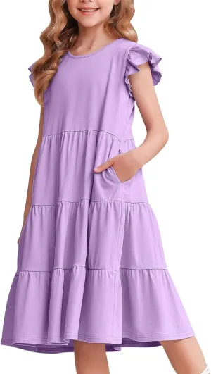 Arshiner Girl's Summer Dresses Ruffle Sleeve Tiered Swing Midi Casual Sundress with Pockets