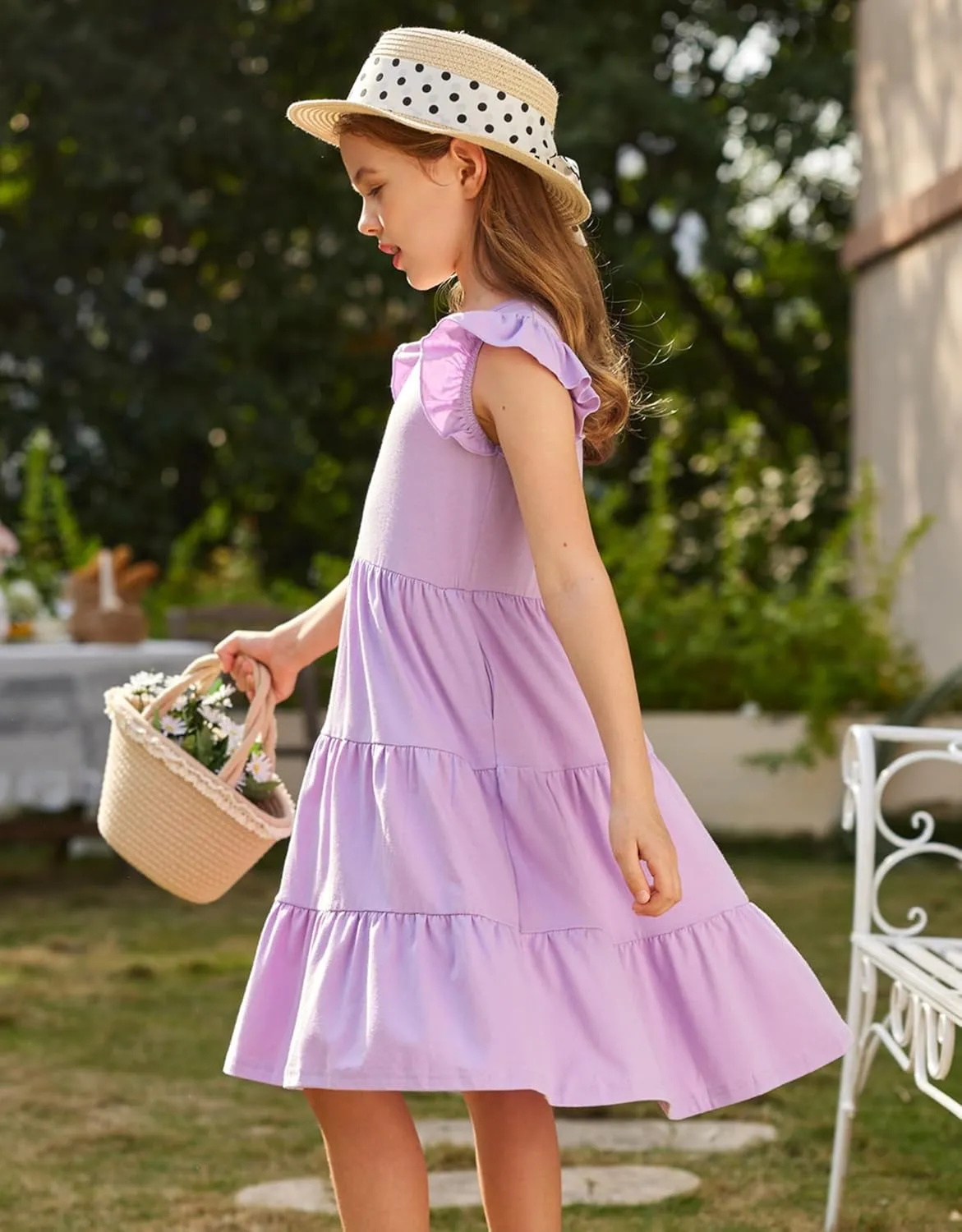 Arshiner Girl's Summer Dresses Ruffle Sleeve Tiered Swing Midi Casual Sundress with Pockets