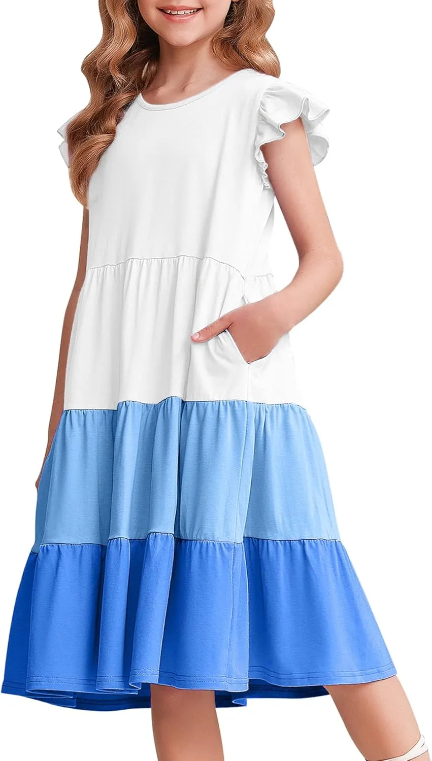 Arshiner Girl's Summer Dresses Ruffle Sleeve Tiered Swing Midi Casual Sundress with Pockets