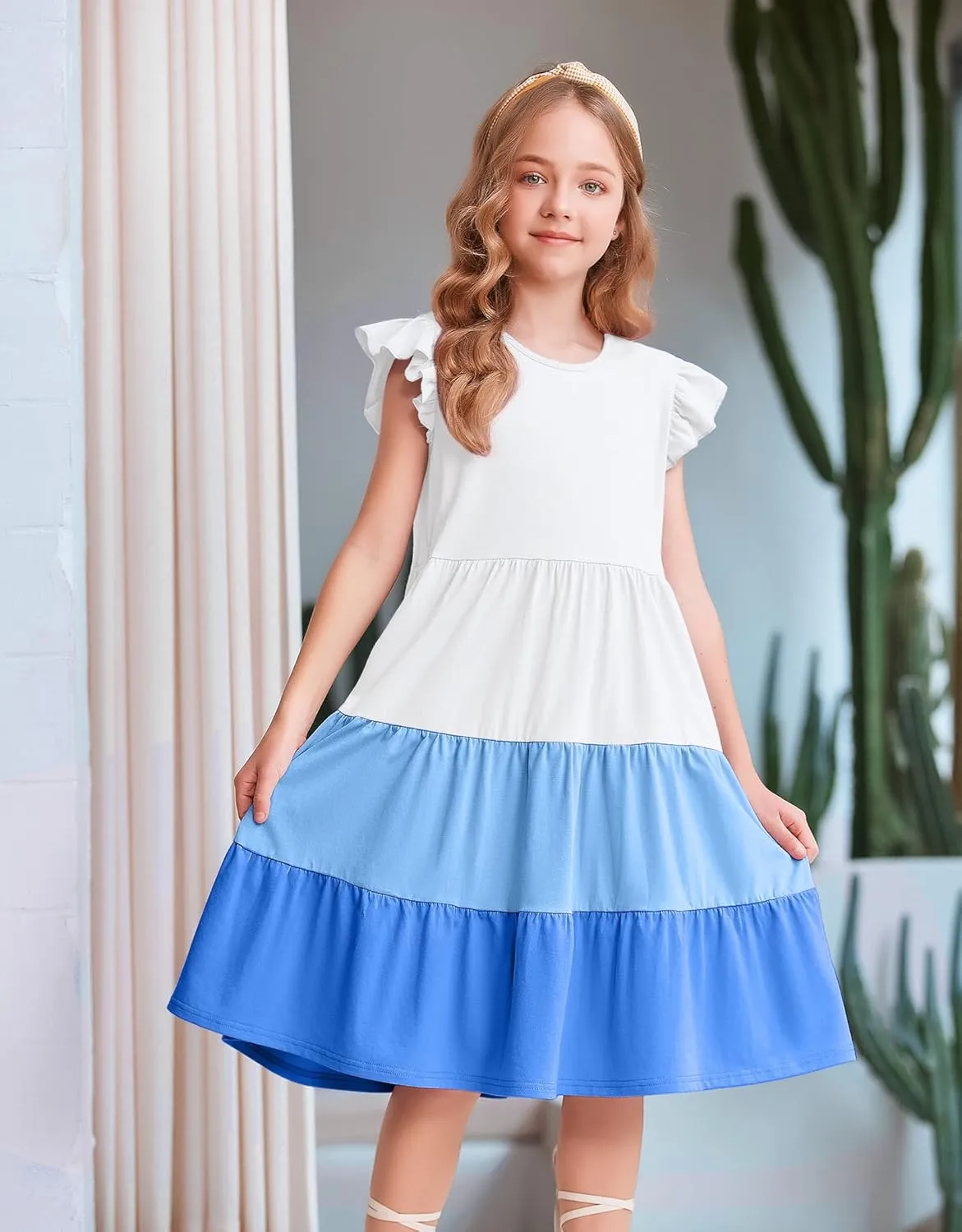 Arshiner Girl's Summer Dresses Ruffle Sleeve Tiered Swing Midi Casual Sundress with Pockets