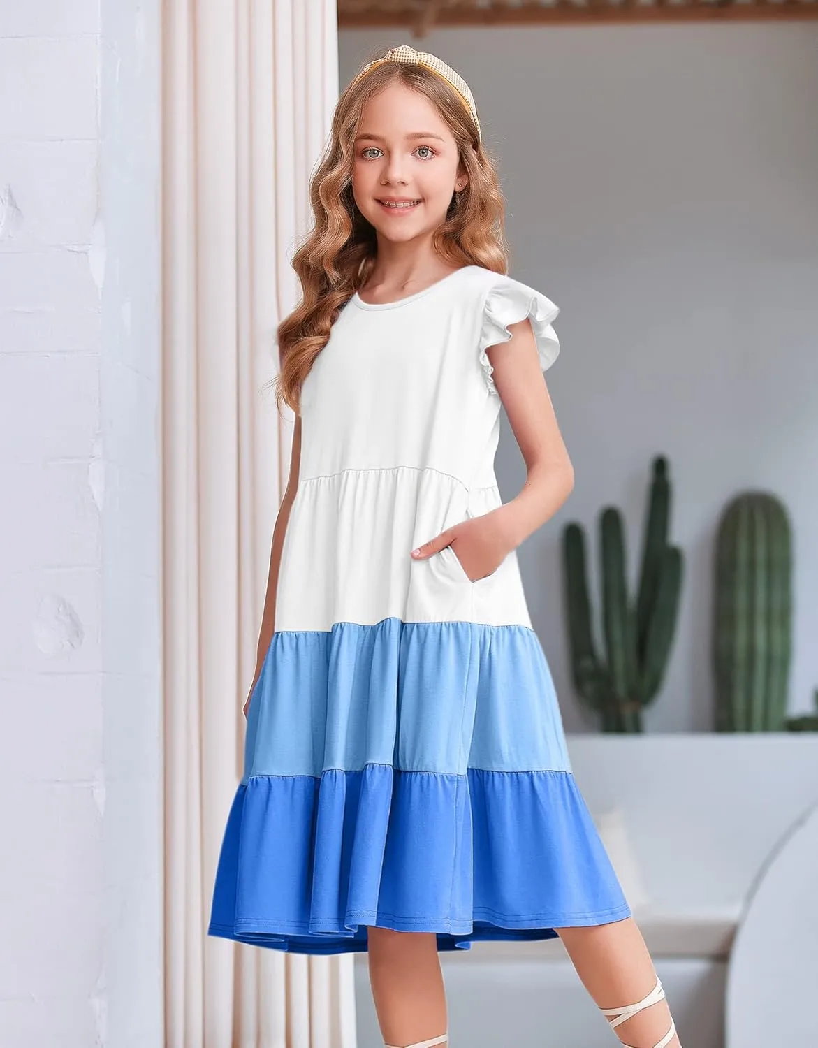 Arshiner Girl's Summer Dresses Ruffle Sleeve Tiered Swing Midi Casual Sundress with Pockets