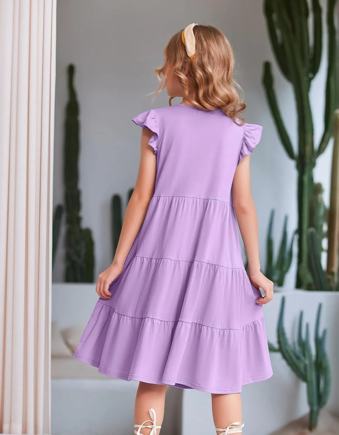 Arshiner Girl's Summer Dresses Ruffle Sleeve Tiered Swing Midi Casual Sundress with Pockets