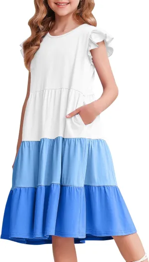 Arshiner Girl's Summer Dresses Ruffle Sleeve Tiered Swing Midi Casual Sundress with Pockets