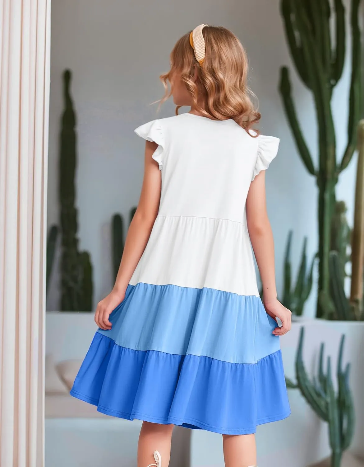 Arshiner Girl's Summer Dresses Ruffle Sleeve Tiered Swing Midi Casual Sundress with Pockets