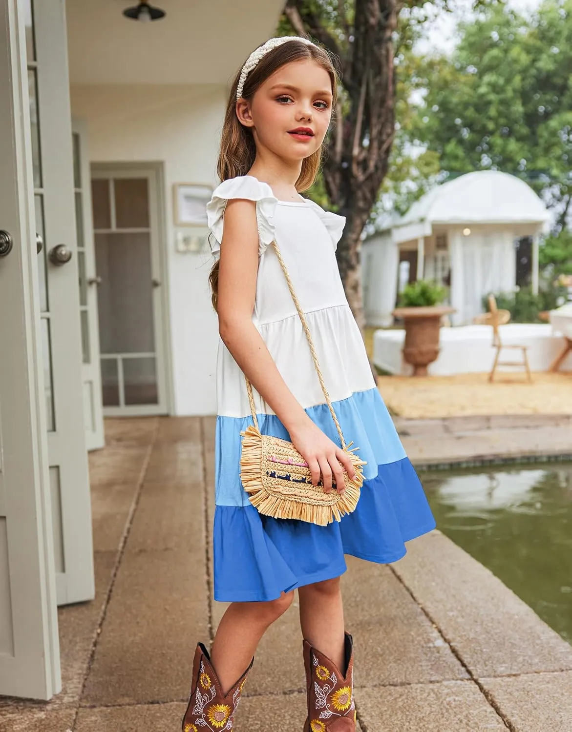 Arshiner Girl's Summer Dresses Ruffle Sleeve Tiered Swing Midi Casual Sundress with Pockets