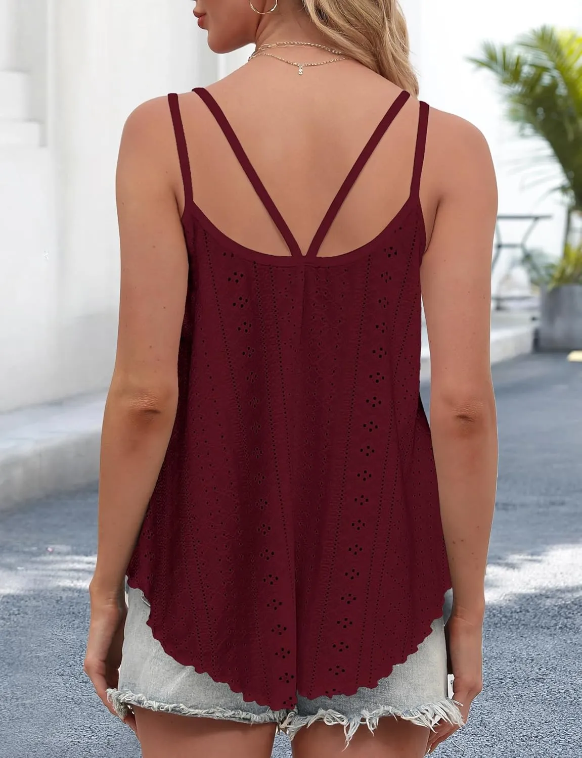 AURUZA Tank Top for Women Eyelet Sleeveless Camisole Casual Spaghetti Strap Scoop Neck Cami Loose Fit Summer Beach Vacation