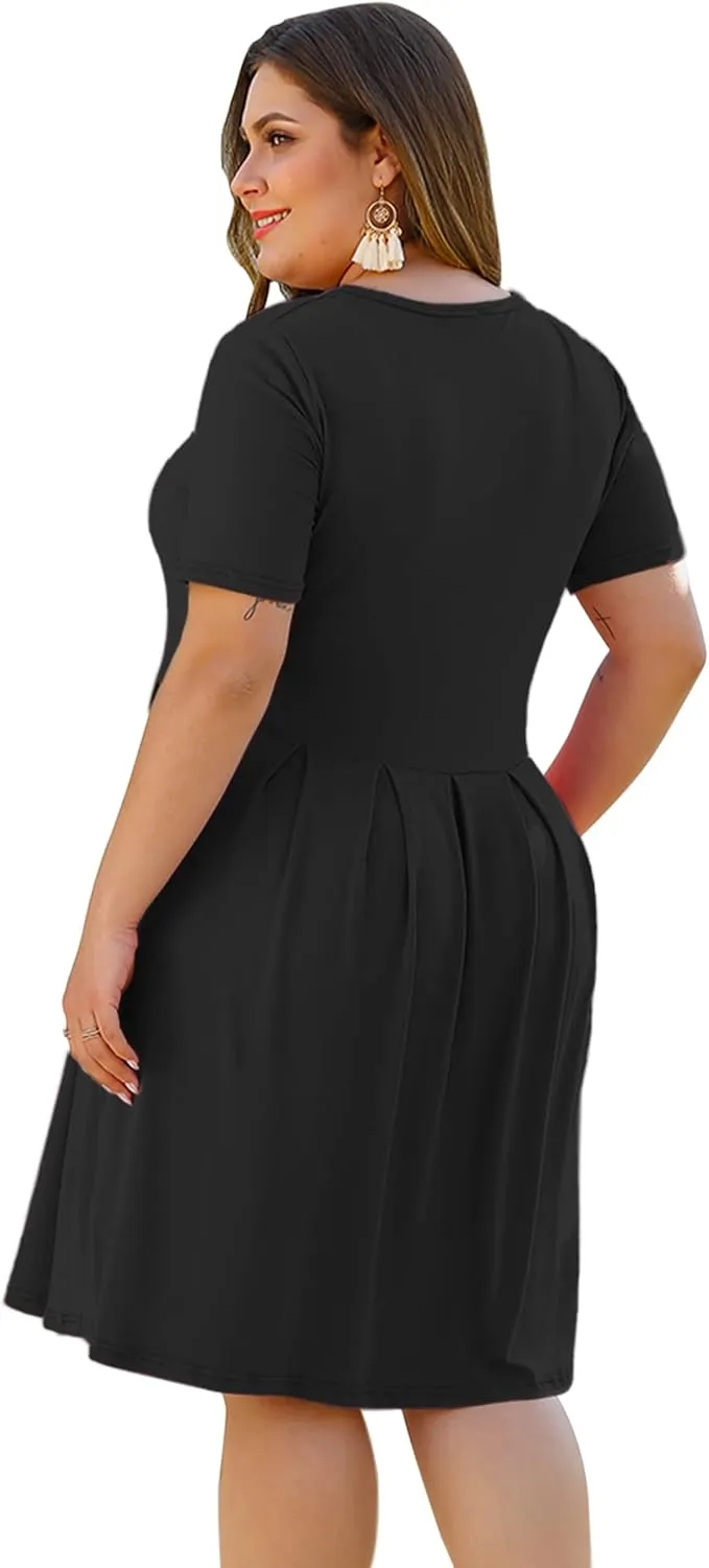 AUSELILY Women's Plus Size Round Neck Pleated Swing Dress with Pockets Knee Length