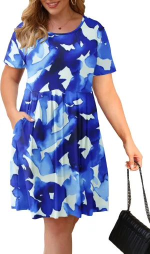 AUSELILY Women's Plus Size Round Neck Pleated Swing Dress with Pockets Knee Length